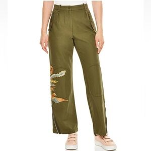 Sandro Olive Green Embroidered Pants